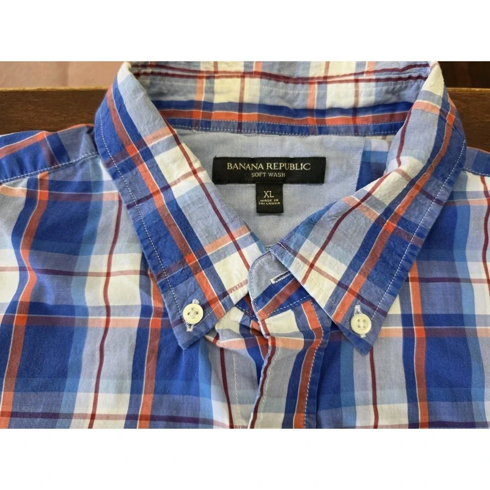 Banana Republic Soft Wash Plaid Shirt Mens XL Blue Orange Button Front Cotton